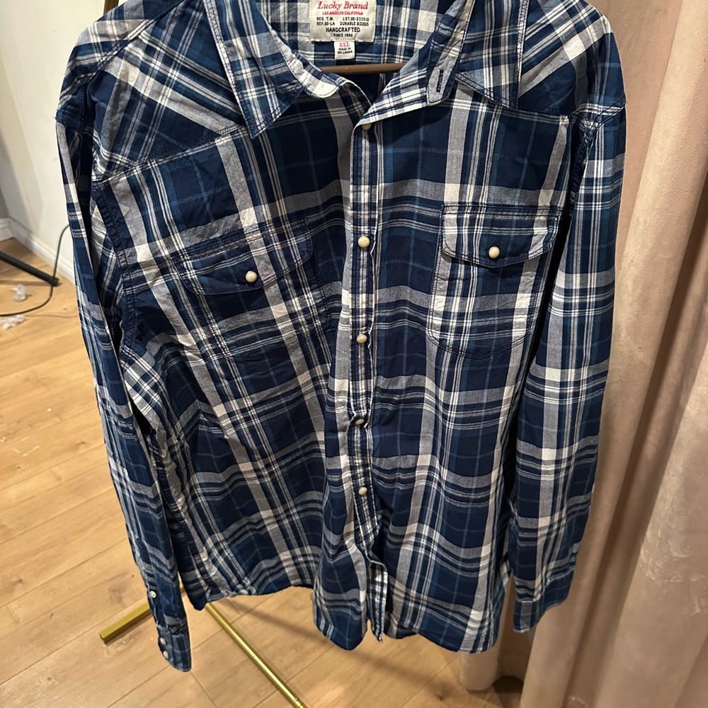 Lucky Brand Men's Navy and White Plaid Button Down Shirt
